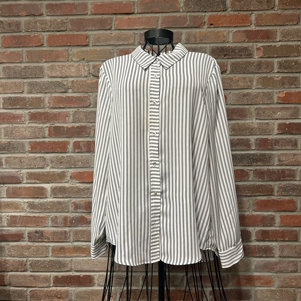 NWOT Laundry by Shelli Segal White/Black Stripes Long Sleeve Blouse Size Large